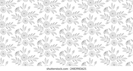 Seamless pattern with black contour marigolds, flowers, leaves, buds on a white background