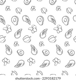 Seamless pattern with black contour on a white background from avocado, pepper, broccoli and lettuce. Healthy food background. Organic, fresh, delicious vegetables. Flat vector illustration.
