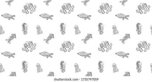 Seamless pattern of black contour ornamental jellyfish, seahorses, sea turtles and octopuses in zentangle style on a white background. Aquatic animals living in the ocean. Vector.