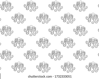 Seamless pattern of black contour stylized hand-drawn octopuses in zentangle style on a white background. Patterned lace cephalopods living in the sea. Vector.