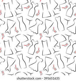 Seamless pattern with black contour of various  women's dresses on the white background