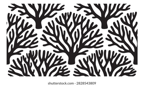 seamless pattern of black coral silhouettes on white background featuring organic branching marine life shapes for underwater themed designs and fabric prints