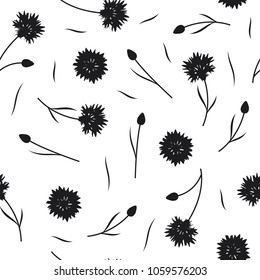 Seamless pattern with black cornflowers on a white background