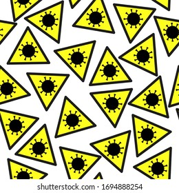 Seamless pattern of the black coronavirus symbol on a yellow triangle. Pattern from a symbol of virus COVID-19 of the danger. Vector pattern