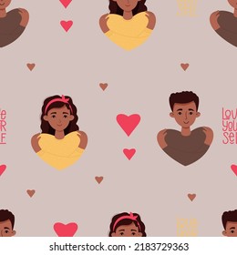 Seamless pattern with black couple of people. An ethnic girl with long hair and young man hug their shoulders on light pink background with hearts. Vector illustration. concept Love yourself 