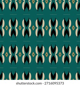 Patrón sin fisuras con curvas negras y crema con detalles de diamantes dorados sobre un rico fondo verde azulado Perfecto para textiles de Fondo de pantalla MCM sofisticados y Vector de decoración para el hogar