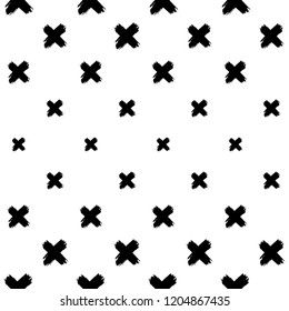 Seamless pattern with black crosses on white background. Rough brush painted vector backdrop. Ink grunge texture. 