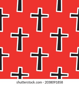 Seamless pattern with black crosses on a red background. Vector illustration