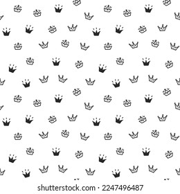 Patrón sin brillo con coronas negras sobre un fondo blanco en estilo doodle.