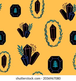 Patrón sin foco con cristales negros, gemas, diamantes, plantas dibujadas a mano y flores. Recogida de vectores con minerales, piedras preciosas, ilustración de líneas para tela, textil, papel envolvente