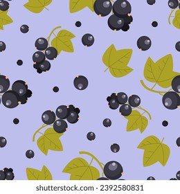 Seamless pattern with black currants and green leaves. Summer berries. Agriculture vegan plant. Vector illustration for spring cover, wallpaper texture, backdrop, wedding invitation, textile