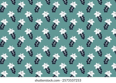 Seamless pattern with black currants and white leaf on blue background. Vector illustration.