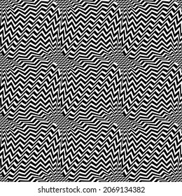 Seamless pattern of black curved broken lines. Repeatable optical distorted texture. Psychedelic abstract wallpaper.