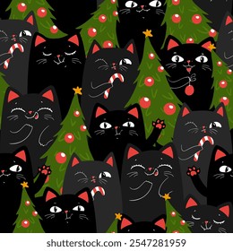 Seamless pattern with black cute cartoon cats with Christmas tree. Hand drawn vector illustration. Funny xmas background