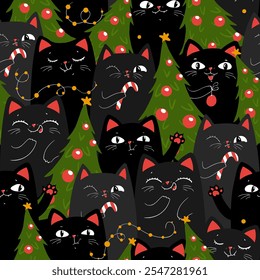 Seamless pattern with black cute cartoon cats with Christmas tree. Hand drawn vector illustration. Funny xmas background