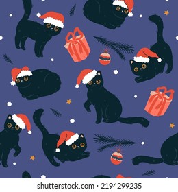 Seamless pattern with black cute cats in santa hats. Vector graphics.