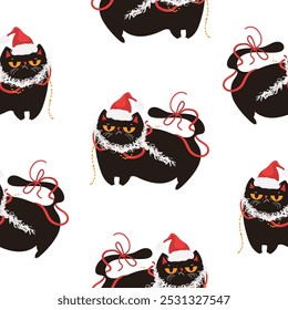 Seamless pattern with black cute cats in santa hats. Design suitable for banner, invitation, card, greeting, banner, cover, fabric, wrapping paper, wallpaper