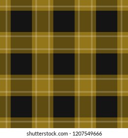 seamless pattern - black, dark and bright yellow, ocher tartan, tablecloth with white stripes