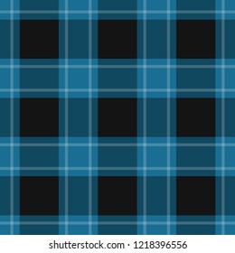 seamless pattern - black, dark and bright blue tartan, tablecloth with white stripes