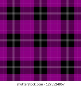 seamless pattern - black, dark and bright purple tartan, tablecloth with white stripes