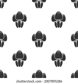 Seamless pattern with black death cup mushrooms. funguses, toadstool black ornament. Halloween wallpaper isolated on white. Vector illustration. Autumn harvest clip art.