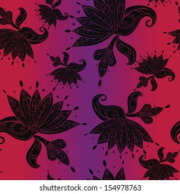 Seamless pattern with black decor for wallpaper, fabric on background in red shades 