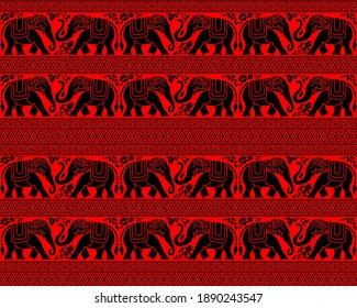 Patrón inmaculado con elefantes decorativos negros, flores y bordes sobre un fondo rojo. Asiático, de estilo africano.