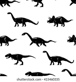 Seamless pattern with black dinosaurs on white background. Vector illustration.