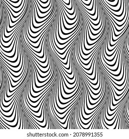 Seamless Pattern Of Black Distorted Lines. Optical Illusion Trippy Repeatable Texture Of Winding Stripes.