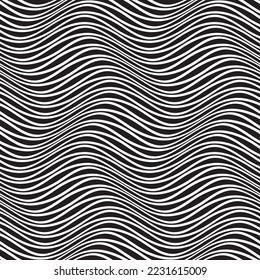 Seamless pattern of black distorted stripes. Optical art repeatable texture of warped lines.