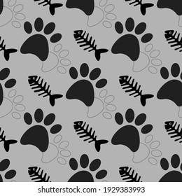 Seamless pattern with black dog paws and fish bones skeletons on gray background. Vector flat cartoon illustration.
