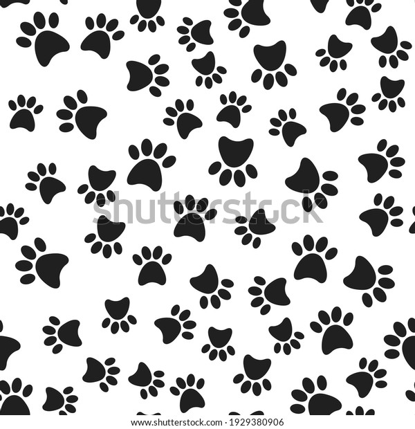 Seamless pattern with black dog\
paws print on white background. Vector flat cartoon\
illustration.