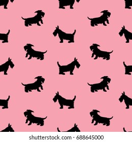 Seamless pattern with black dogs silhouettes, scotchterrier on pink background. Childish Animal design for girls.