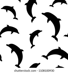 Seamless pattern with black dolphins on white background. Marine simple texture. Vector illustration. Ocean ornament.