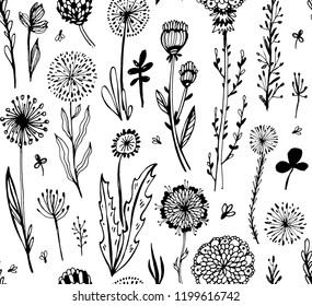 seamless pattern with black doodle flowers on a white background. Hygge, boho style. Vector illustration. design element for fabric, wrapping paper, congratulation cards, print, banners