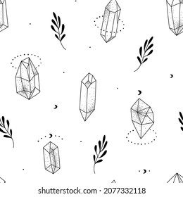 Patrón sin foco con cristales dibujados a mano de doodle negro con textura, luna y estrellas, hojas sobre fondo blanco. Para impresiones, fondos, papel de embalaje, textiles, lino, papel pintado, etc.