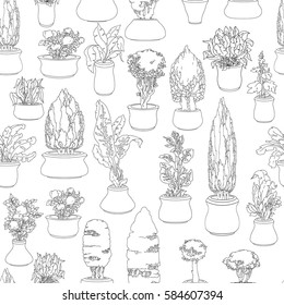 Seamless pattern with  black doodle house plants in ceramic pots on white background. Vector floral background.