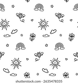 Seamless pattern with black doodle kid drawing on transparent background. Fun icons, childish drawings such as rainbow, sun, cloud, bee, butterfly and flower isolated on white background. - Powered by Shutterstock - Get 15% off with code: PIKWIZARD15