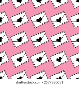 seamless pattern of black doodle love letter envelope hearts on pink background, romantic valentines day texture