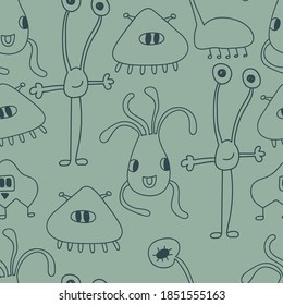 Seamless pattern with black doodle monsters at green background. Vector illustration. Perfect for kids bedroom, nursery decoration, posters, wrapping paper and wall decorations.