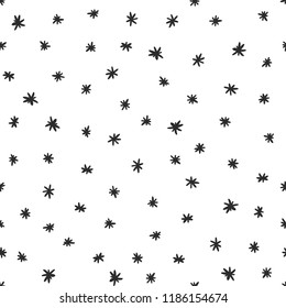 Seamless Pattern With Black Doodle Stars. Monochrome Vector Background. 