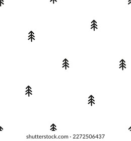 Seamless pattern with black doodle trees and white background