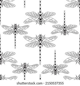 Seamless pattern with black dragonfly silhouettes on a white background. The design is suitable for wallpapers, textiles, bedding, t-shirt printing, clothing, product packaging. Vector isolated