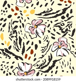 Seamless pattern of black drawing tiger skin and abstract pink orange flowers. Mix of animal skin and botanical elements. Print for takani, textiles, clothing, cover