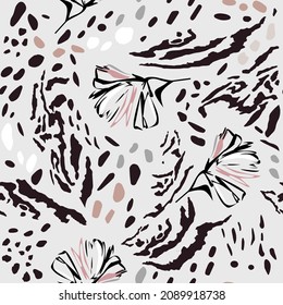 Seamless pattern of black drawing tiger skin and abstract pink gray flowers. Mix of animal skin and botanical elements. Print for takani, textiles, clothing, cover