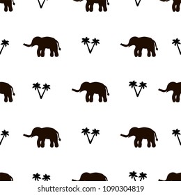 Seamless pattern with black elephants and palm trees on the white background. Vector illustration