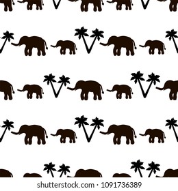 Seamless pattern with black elephants and their babies, palm trees on the white background. Vector illustration