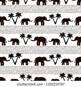 Seamless pattern with black elephants and their babies, dots, palm trees on the white background. Vector illustration