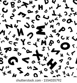 Seamless pattern of black English letters on white background. Vector illustration.