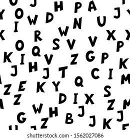 Seamless pattern of black English letters on white background. Vector illustration.